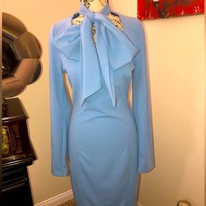 Chic Light Blue Midi Dress with Bow Detail